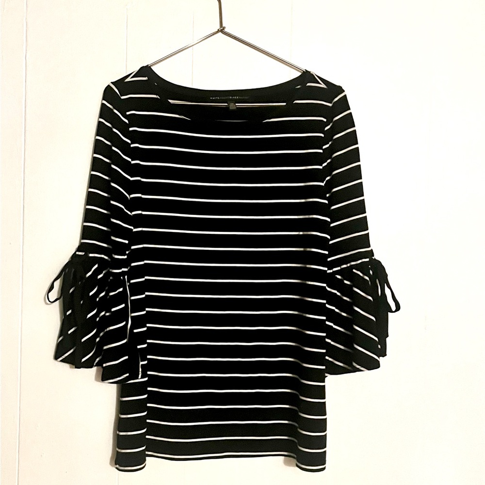 White House Black Market ~ Bell Sleeve, Black & White Stripped, Boat Neck Blouse